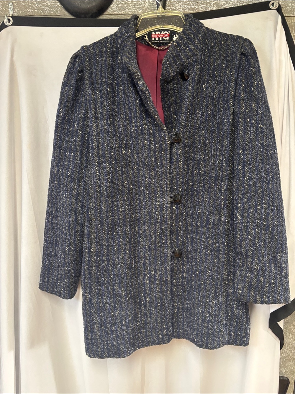 Vintage New York Girl Navy Tweed Single-Breasted Blazer